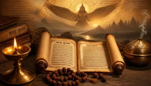 ancient sanskrit manuscript scroll with diya and rudraksha representing garuda purana and spiritual journey