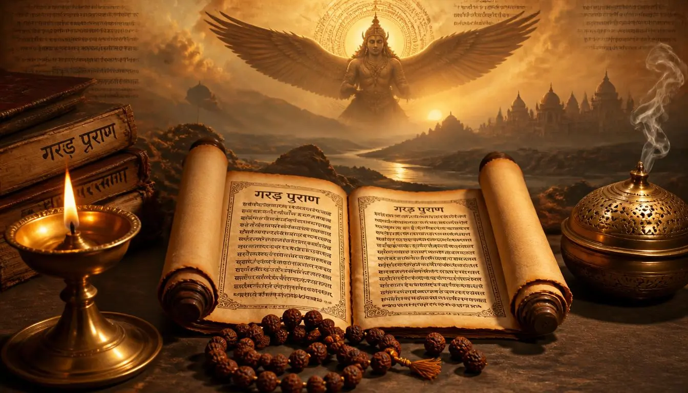 13th day ritual ancient sanskrit manuscript scroll with diya representing garuda purana