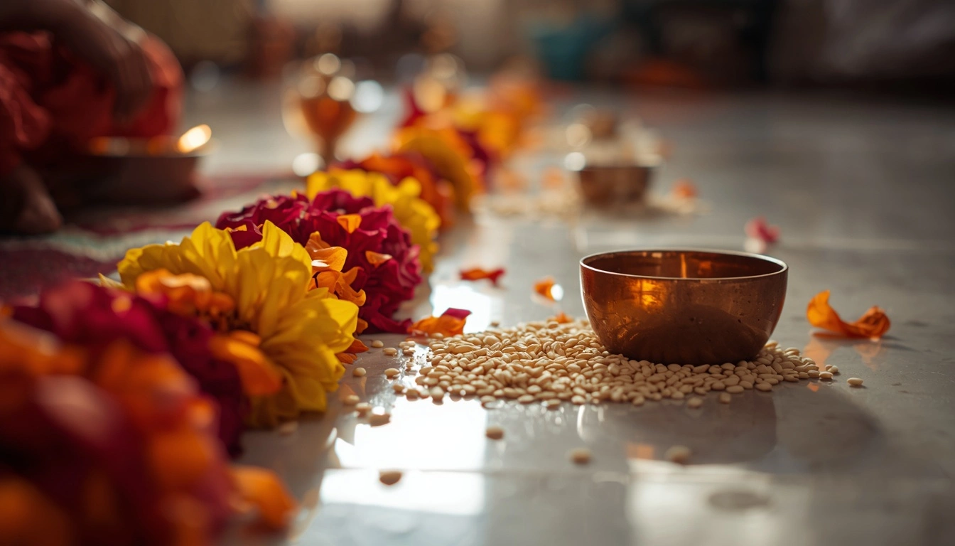 13th day ritual serene spiritual atmosphere with diya and tulsi plant